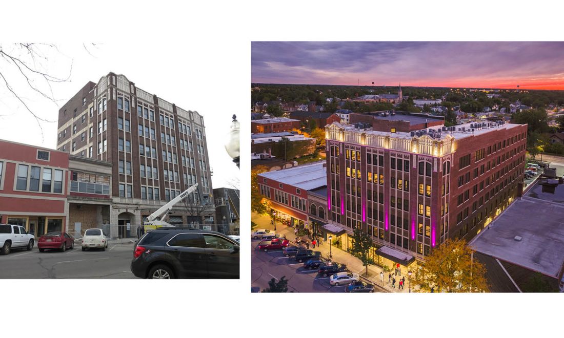 Then and now of the Uptown Artist Lofts (2016) in Michigan City, IN.